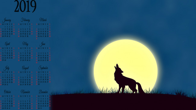 Обои картинки фото календари, рисованные,  векторная графика, луна, волк, вой, ночь
