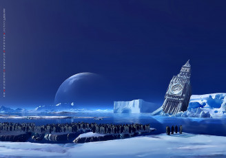 Картинка календари фэнтези пингвин водоем лед снег архитектура calendar 2020
