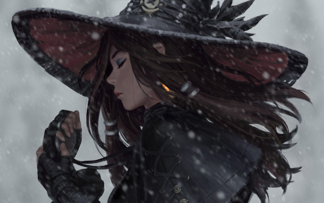 Обои картинки фото фэнтези, _guweiz, девушка, шляпа, снег