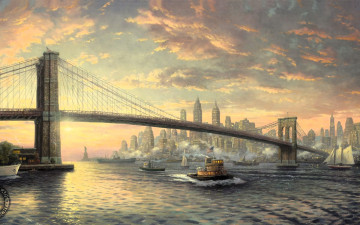 обоя рисованное, thomas kinkade, город, мост, река, кораблики, тучи