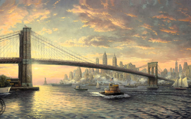 Обои картинки фото рисованное, thomas kinkade, город, мост, река, кораблики, тучи
