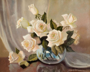 Картинка рисованные greer a  d букет белых роз в вазе