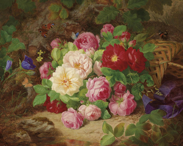 Обои картинки фото рисованные, josef, lauer, букет, из, белых, роз, с, бабочками