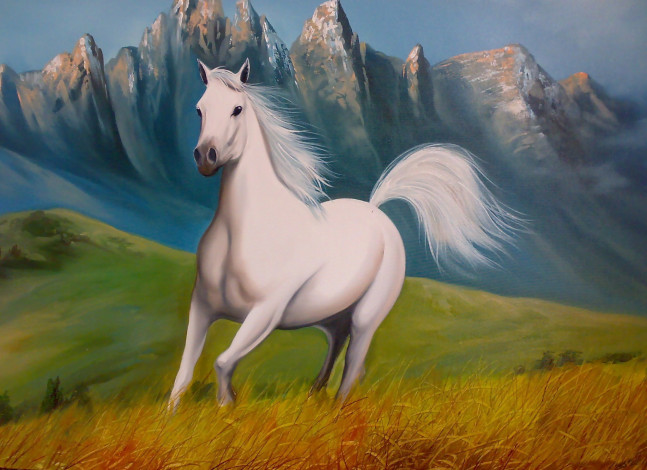 Обои картинки фото рисованные, животные, лошади, трава, горы