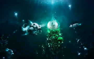 Картинка фэнтези существа под водой грибы черепаха рыба медузы
