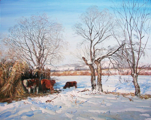 Обои картинки фото рисованные, живопись, снег, зима, коровы, деревья