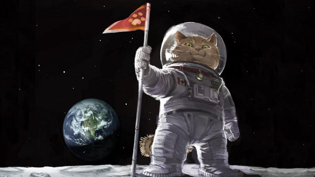 Обои картинки фото рисованные, животные, коты, кот, космос, флаг, скафандр, земля, луна