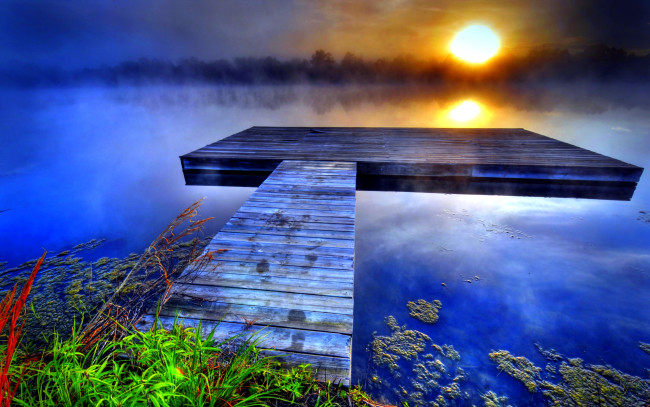 Обои картинки фото природа, восходы, закаты, туман, восход, мостик, озеро