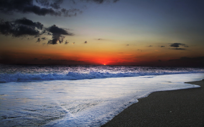 Обои картинки фото природа, восходы, закаты, закат, волны, пляж, океан