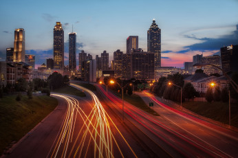 Картинка atlanta+skyline города -+огни+ночного+города магистраль высотки заря утро огни