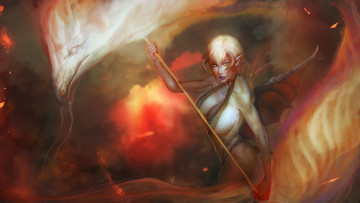 Картинка фэнтези демоны рога девушка дракон рыжий фон взгляд