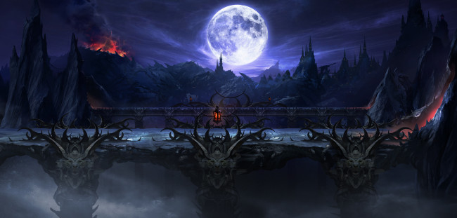 Обои картинки фото видео игры, mortal kombat, арт, луна, вулкан, пейзаж, ночь, mortal, kombat, замок, скалы, мост