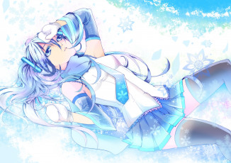 Картинка аниме vocaloid арт hatsune miku yuki лежит девушка снежинки зима снег