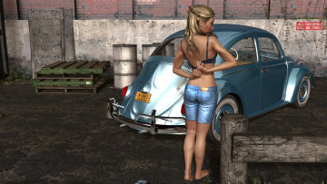 Картинка автомобили 3d+car&girl взгляд девушка шорты автомобиль фон