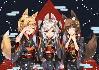 Картинка аниме животные +существа кимоно ушки ничего не вижу слышу трое жест fox girl говорю duji amo пояс art