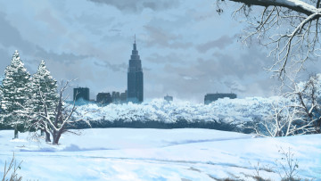 обоя аниме, зима,  новый год,  рождество, снег, город