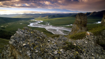 Картинка природа пейзажи горы скалы река луга панорама