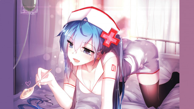 Обои картинки фото аниме, vocaloid, капельница, головной, убор, кровать, hatsune, miku, ложка, голубые, волосы, на, четвереньках, медсестра, чулки