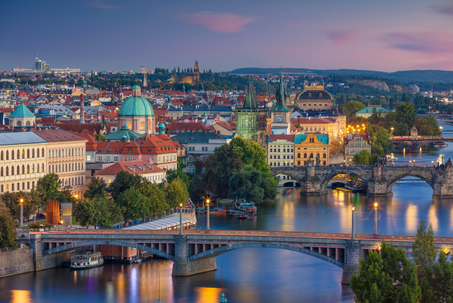 Обои картинки фото города, прага , Чехия, мост, река, прага, панорама, влтава