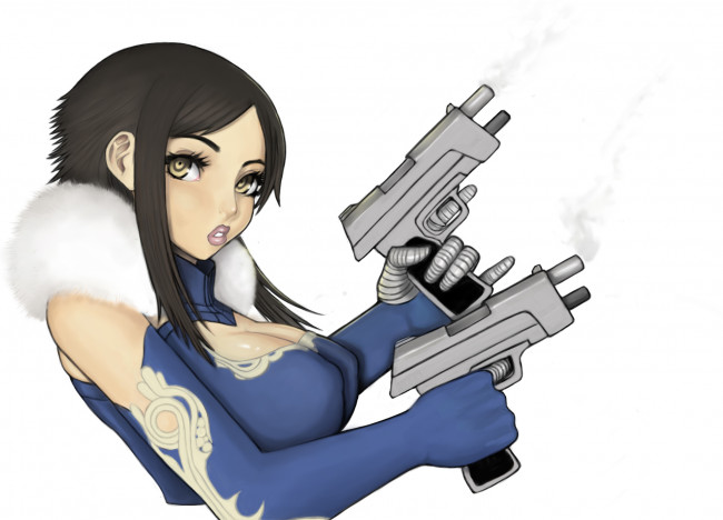 Обои картинки фото аниме, оружие,  техника,  технологии, девушка, фон, взгляд, пистолет