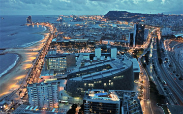 Картинка барселона испания города барселона+ вечер современные здания europe spain европа cityscapes побережье