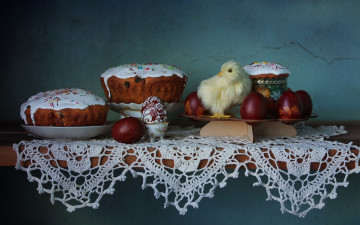 Картинка праздничные пасха цыпленок яйца куличи весна натюрморт