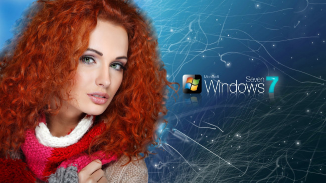 Обои картинки фото компьютеры, windows 7 , vienna, логотип, девушка, взгляд, фон