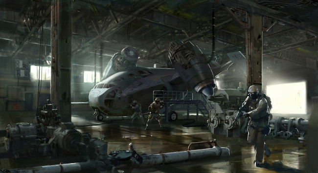 Обои картинки фото фэнтези, люди, оружие, солдаты, аппарат, летательный, завод, цех