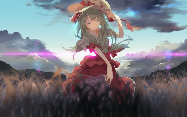 Обои картинки фото аниме, touhou, облака, небо, природа, трава, поле, арт, девушка, dc-12696462, kagiyama, hina
