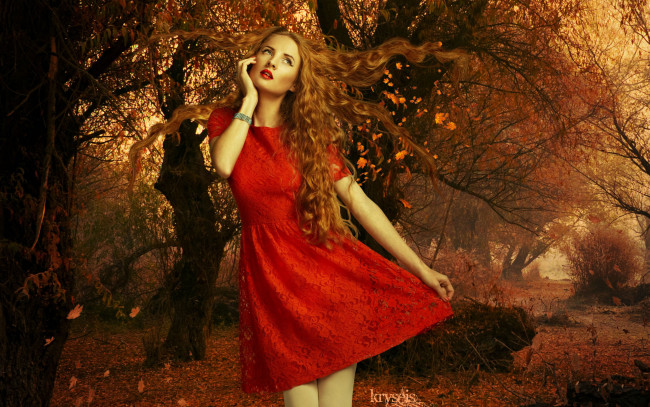 Обои картинки фото девушки, -unsort , рыжеволосые и другие, девушка, лицо, красные, губы, макияж, волосы, кудри, красное, платье, осень, листья, деревья