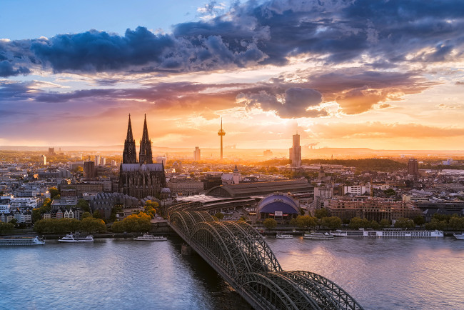 Обои картинки фото города, кельн , германия, город, кёльн, кельнский, собор, мост, река, небо, облака