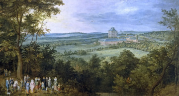 Картинка рисованное живопись люди пейзаж Ян брейгель старший поле замок картина охота эрцгерцогов деревья