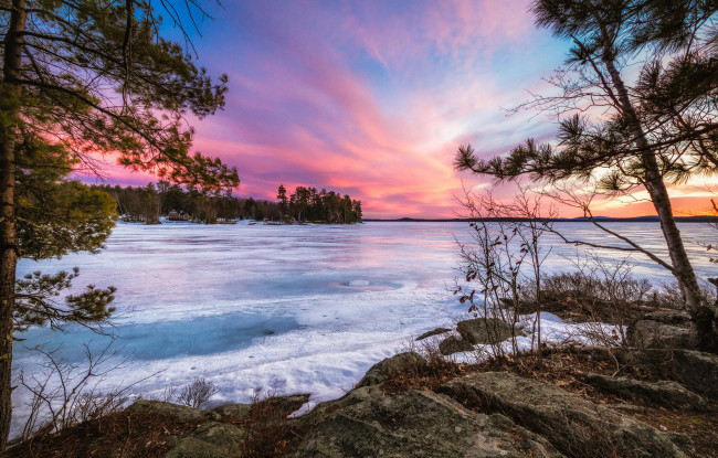 Обои картинки фото природа, зима, lake, winnipesaukee, нью-гемпшир, новая, англия, закат