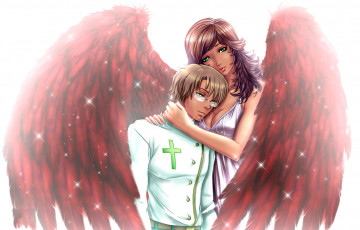 Картинка аниме ангелы +демоны крылья фон мужчина девушка