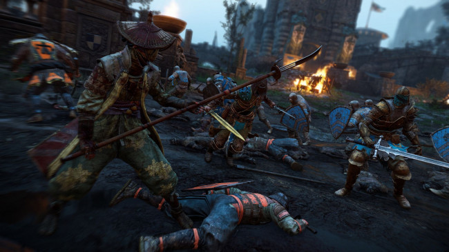 Обои картинки фото видео игры, for honor, крепость, бой, самурай, рыцари