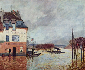 обоя flood at port-marly, рисованное, alfred sisley, здание, люди, лодки, наводнение, деревья