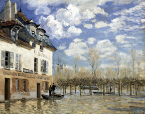 обоя boat in the flood at port-marly, рисованное, alfred sisley, небо, облака, здание, люди, лодка, наводнение, деревья