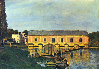 Картинка рисованное alfred+sisley река мост лодки здания живопись