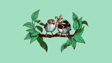 Картинка рисованное животные +птицы птицы ветка червяк бант подарок