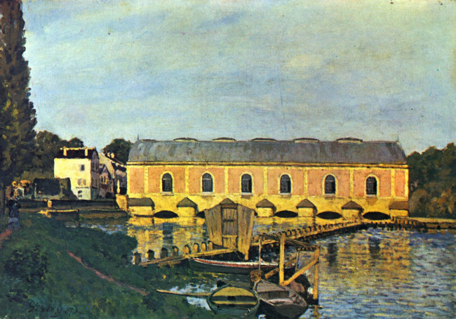 Обои картинки фото рисованное, alfred sisley, река, мост, лодки, здания, живопись