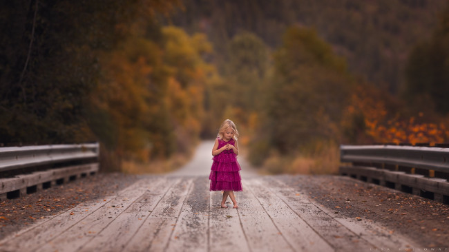 Обои картинки фото разное, дети, девочка, платье, мост, осень