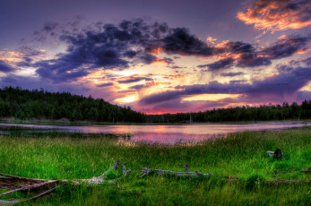 Картинка природа реки озера озеро вода закат лес деревья трава облака