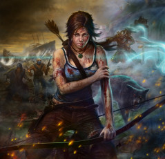 Картинка видео+игры tomb+raider+2013 девушка игра арт кровь раны лук волк сияние