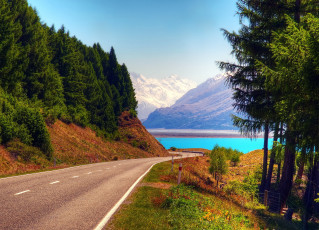 Картинка природа дороги дорога новая зеландия деревья озеро