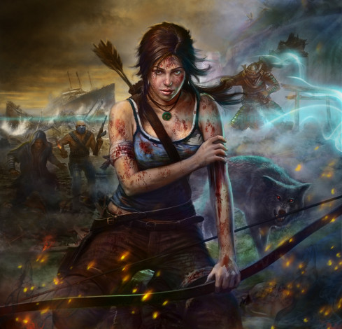 Обои картинки фото видео игры, tomb raider 2013, девушка, игра, арт, кровь, раны, лук, волк, сияние