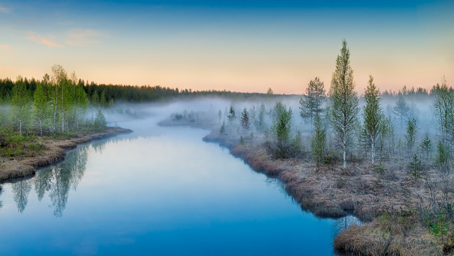 Обои картинки фото природа, реки, озера, mist, rising, landscape, suomi, sunrise