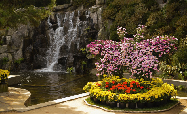 Обои картинки фото природа, парк, бабочка, цветы, водопад