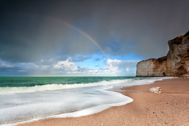 Обои картинки фото природа, побережье, море, волны, скала, радуга, the, nature, sea, wave, rock, rainbow
