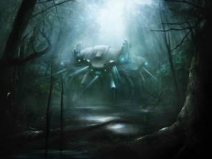 Картинка фэнтези роботы +киборги +механизмы механоид робот чащобы лес деревья