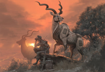 Картинка фэнтези роботы +киборги +механизмы антилопа kudu закат робот солдат рога